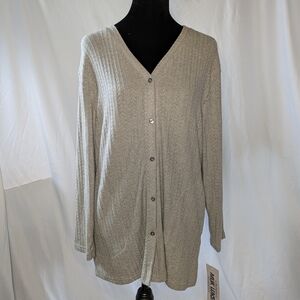 Muk Luks Gray Ribbed Button Down V-Neck Sweater Women’s PM Lightweight Stretch